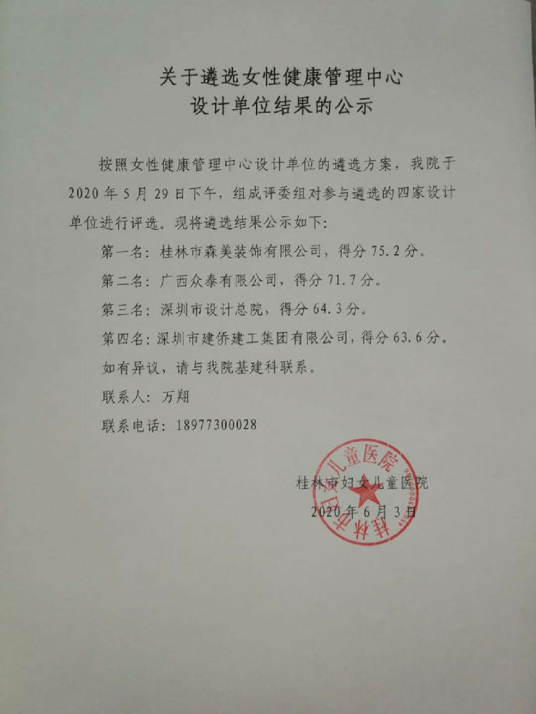 关于遴选女性健康管理中心设计单位结果的公示
